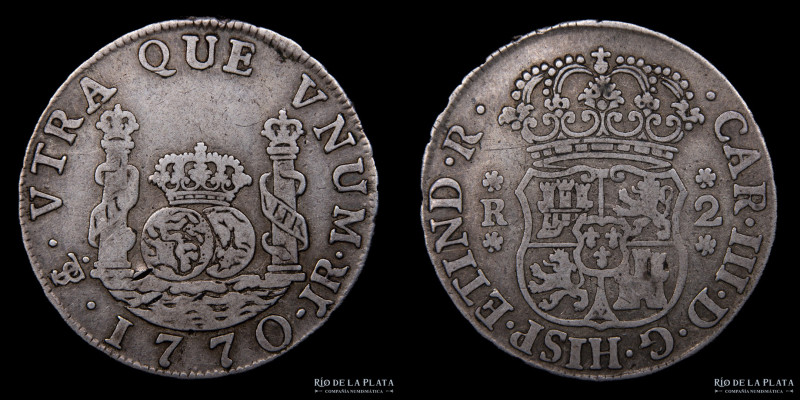 Potosí. Carlos III. 2 Reales 1770 JR. (José de Vargas y Flor, Raymundo de Yturri...
