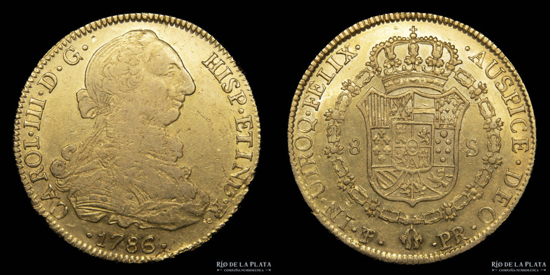 Potosí. Carlos III (1759-1789) 8 Escudos 1786 PR (Pedro Mazondo, Raymundo de Ytu...