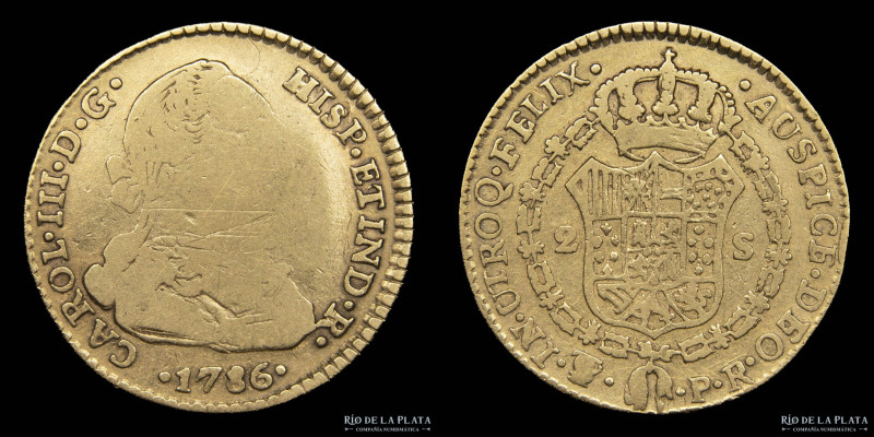 Potosí. Carlos III (1759-1789) 2 Escudos 1786/5 PR. Sobrefecha no catalogada por...