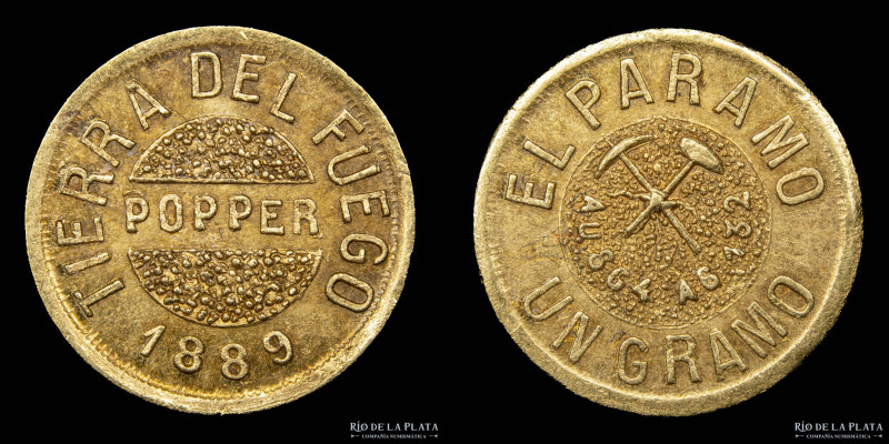 Argentina. Tierra del Fuego. 1 Gramo 1889. Oro AU.864; 13.5mm; 1.02g. Buenos Air...