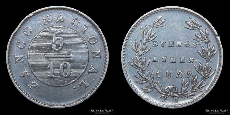 Argentina. Buenos Aires. 5/10 de Real 1827. Acuñada sobre decimo de 1822/23. CU;...