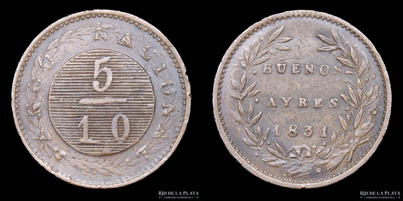Argentina. Buenos Aires. 5/10 Real 1831 sobre 1 Décimo. CU; 23.5mm; 6.58g. CJ 12...