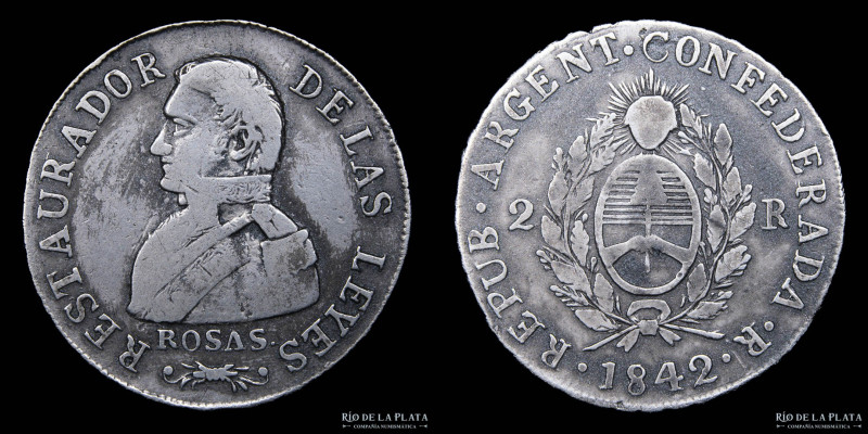Argentina. La Rioja. 2 Reales 1842 R Busto del Gral. Rosas. AG.875, 27mm; 6.55g....