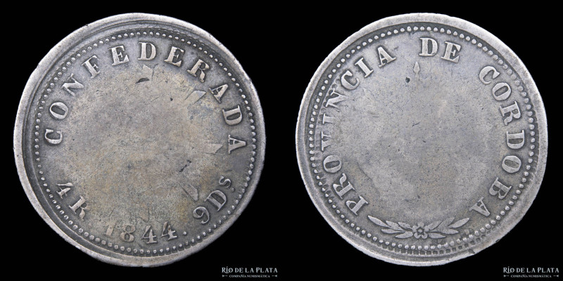 Argentina. Córdoba. 4 Reales 1844. Muy rara. AG.750; 40.0mm; 13.1g. Reverso meda...