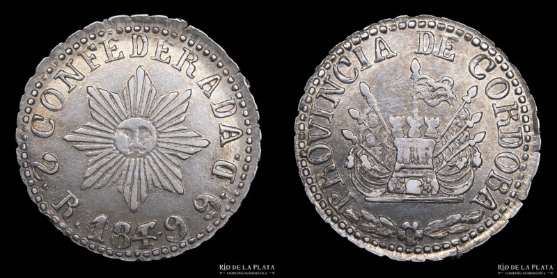 Argentina. Córdoba. 2 Reales 1849. AG.750;. 23.5mm; 6.92g. CJ 57, (AU/UNC) Sober...