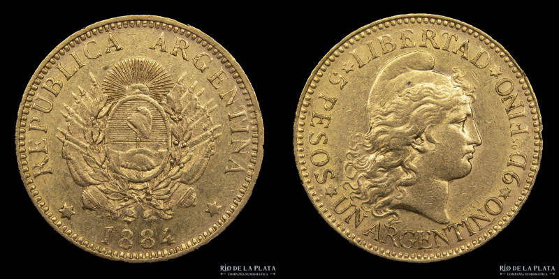 Argentina. 5 Pesos 1884 "Argentino de oro". Oro AU.900, 22.1mm; 8.07g. Ceca de B...