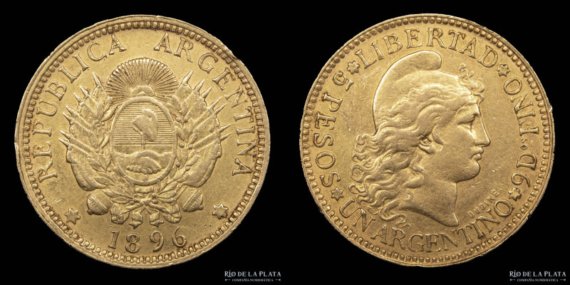 Argentina. 5 Pesos 1896 "Argentino de oro". Oro AU.900, 22.1mm; 8.03g. Ceca de B...