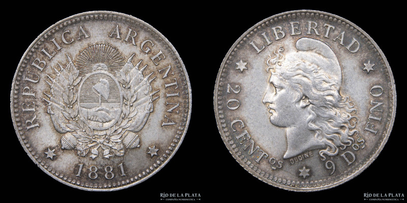 Argentina. 20 Centavos 1881. AG.900; 23.0mm; 5.00g. Solo 2.018 acuñadas durante ...