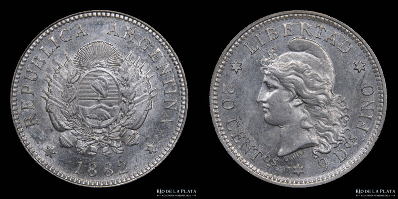 Argentina. 20 Centavos 1882. AG.900, 23.3mm; 5.00g. Buenos Aires mint. CJ 19; KM...