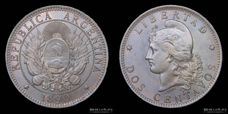 Argentina. 2 Centavos 1890. Buenos Aires mint. CU; 30.0mm; 10.00g. CJ 31 KM33 (a...