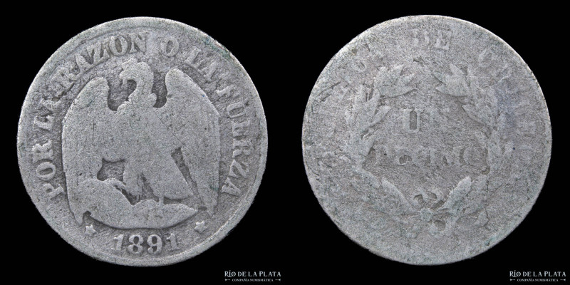 Chile. 1 Decimo 1891. 2g. Muy escaso. KM136.3a AG.500; 18mm; 1.64g. (G)
Estimat...