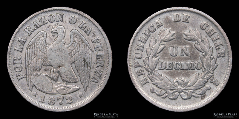 Chile. 1 Decimo 1872/1. AG.835; 18mm; 2.51g. KM137.2 (VF+)
Estimate: USD 100 - ...
