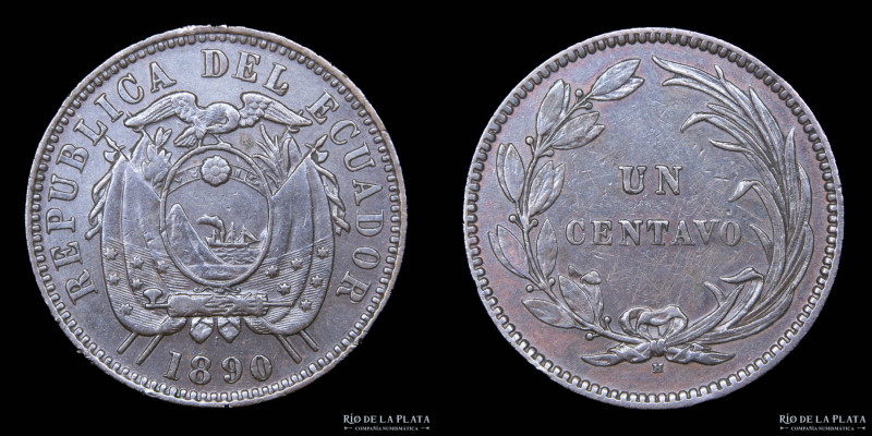 Ecuador (República) 1 Centavo 1890. CU 26.0mm; 5.90g. KM45 (XF)
Estimate: USD 3...