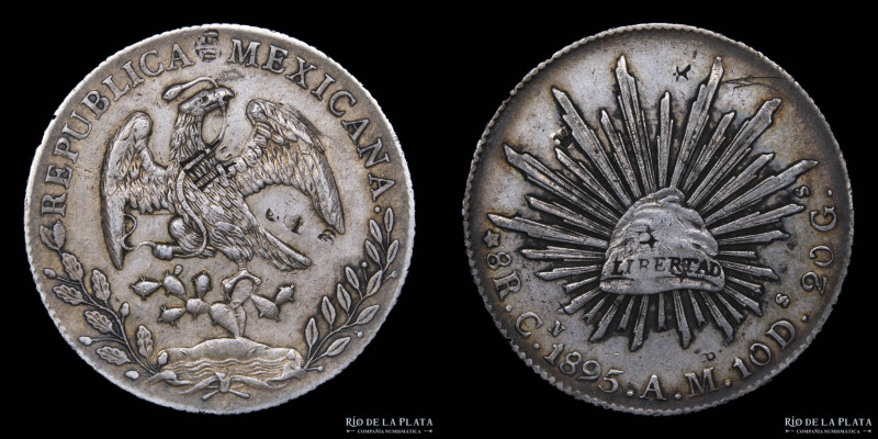 México. 8 Reales 1895 CnM. AG.900; 38.0mm; 26.9g. KM377.3 Chopmarks on both side...