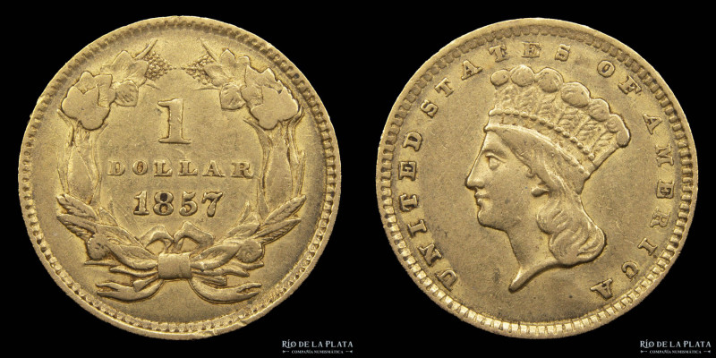 USA. 1 Dollar 1857. Large Indian Head. Oro. AU.900; 15mm; 1.67g. KM86 (XF-)
Est...