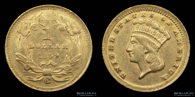 USA. 1 Dollar 1859 C. Large Indian Head. Oro. Solo 5.235 acuñadas. Muy rara. AU....