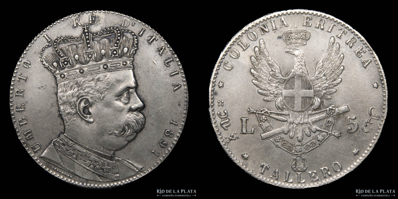 Eritrea. 5 Lire 1891 (Thaler). AG.835; 40.5mm; 27.5g. KM-4; Gig-1; Mont-80 (VF) ...