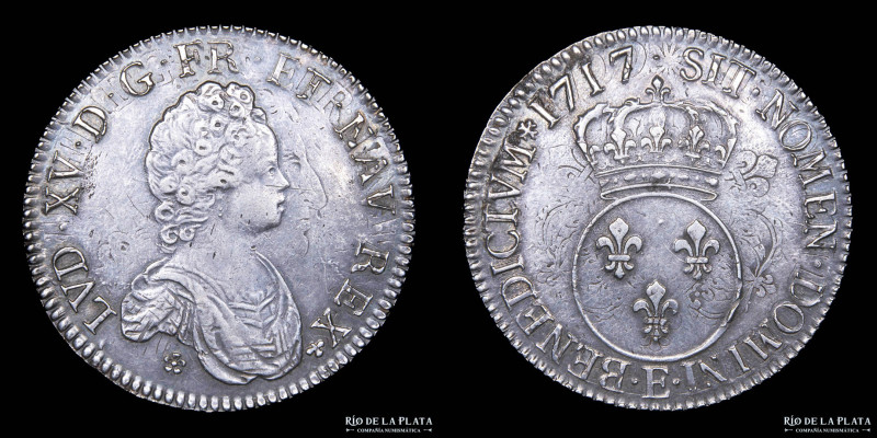 Francia. Louis XV "the well-beloved" (1715-1774AD). 1 Ecu 1717 E, Tours mint. AG...