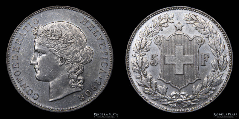 Suiza. 5 Francs 1908 B. Ceca de Berna. AG.900, 37mm; 25g. Escasa, solo 200.000 a...