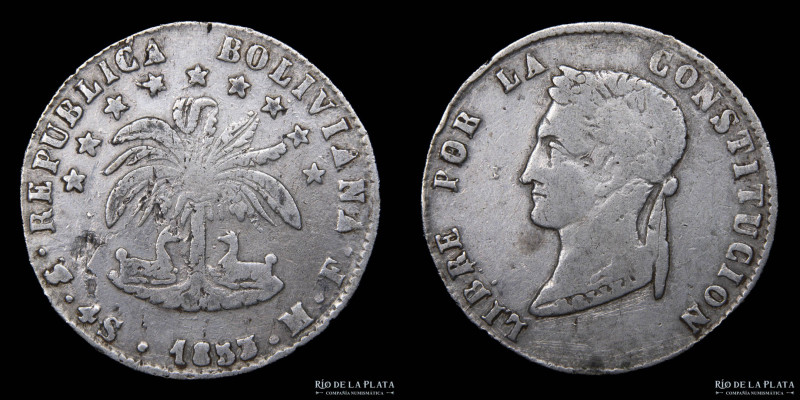 Bolivia. 4 Soles 1853 MF. Simón Bolivar.AG.667; 32.0mm; 13.39g. KM130 (VF)
Esti...