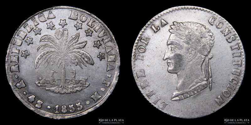 Bolivia. 4 Soles 1855 MJ. AG.667; 32mm; 13.68g. KM123.2 (XF+) Limpiada 
Estimat...