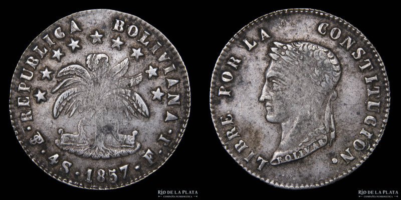 Bolivia. 4 Soles 1857 FJ AG.667; 32mm; 13.58g. KM123.2 (XF)
Estimate: USD 40 - ...