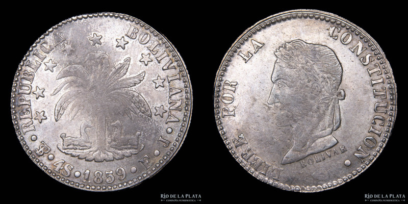 Bolivia. 4 Soles 1859 FJ. V invertida en lugar de A en "BOLIVAR". AG.667; 32mm; ...