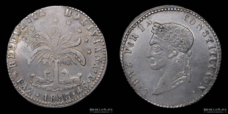 Bolivia. 4 Soles 1853 J. La Paz Mint. Busto laureado tipo "Potosi Style". Muy ra...
