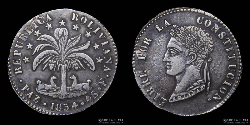 Bolivia. 4 Soles 1854 F. La Paz Mint. Busto laureado tipo "Potosi Style". AG.667...