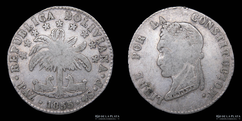 Bolivia. 4 Soles 1855 F. La Paz Mint. Busto laureado tipo "La Paz Crude". AG.667...