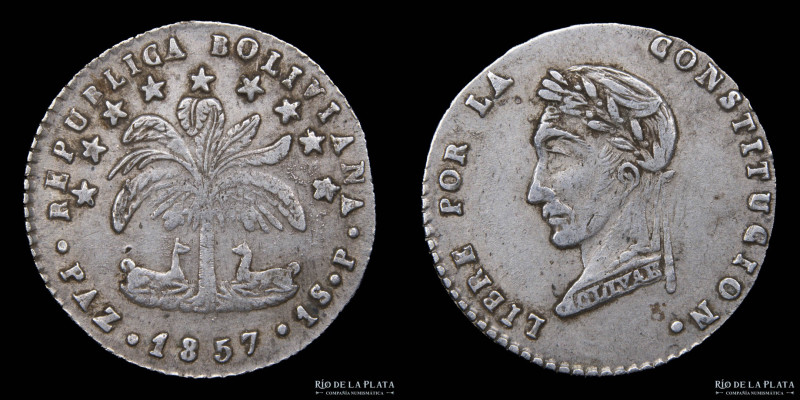 Bolivia. 1 Sol 1857 P. La Paz Mint. Busto laureado tipo "Ugly Face". AG.667; 20m...