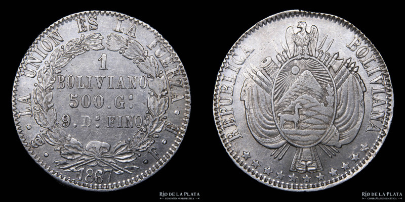 Bolivia. 1 Boliviano 1867 FE. AG.900, 36.0mm; 24.99g. KM152.2 (XF+) 
Estimate: ...
