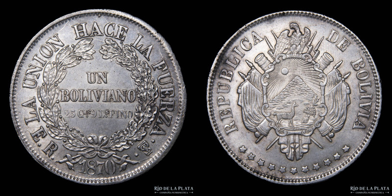 Bolivia. 1 Boliviano 1870 ER. Fecha grande y punto debajo de "ms" de 25 gramos. ...