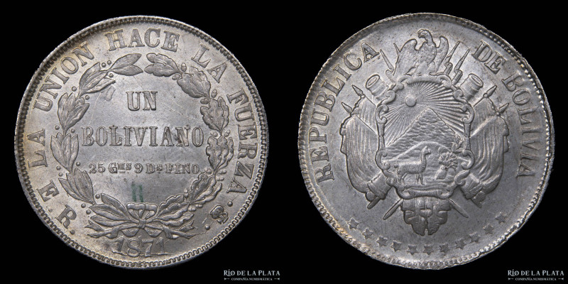 Bolivia. 1 Boliviano 1871 ER. 11 estrellas. AG.900; 37mm; 24.78g. KM155.3 (UNC)...