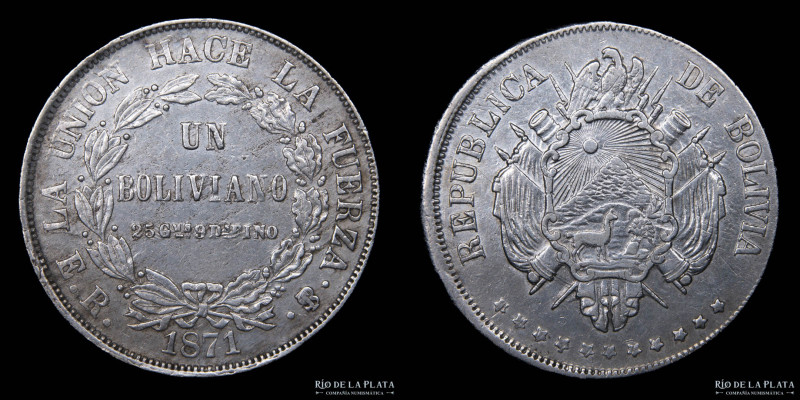 Bolivia. 1 Boliviano 1871. FP. Con error de acuñación por mala colocación del ar...