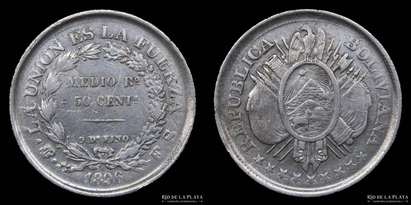Bolivia. 50 Centavos 1896/89 sobrefecha visible 6 sobre 9. AG.900; 29.5mm; 11.60...