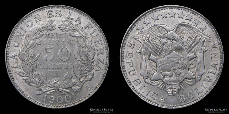 Bolivia. 50 Centavos 1900 Santiago mint. AG.900; 29.5mm; 11.55g. KM175 (aUNC)
E...