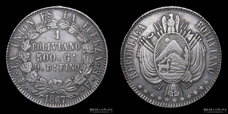 Bolivia. 1 Boliviano 1867 FP. 11estrellas. Error . República BOLIVIANO. AG.900, ...