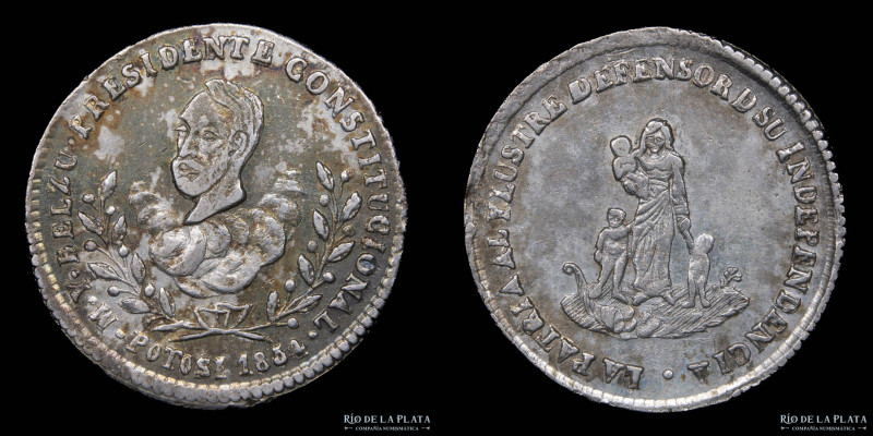 Bolivia. 1854. 1 Sol. 4to Aniv. Belzu Presidente Constitucional. AG; 20mm; 3.49g...