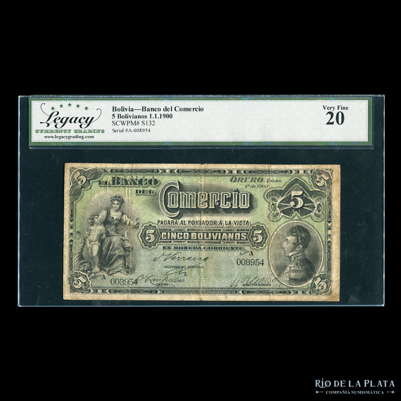 Bolivia. El Banco del Comercio. 5 Bolivianos 1900 serie A, firmado. Impreso en B...