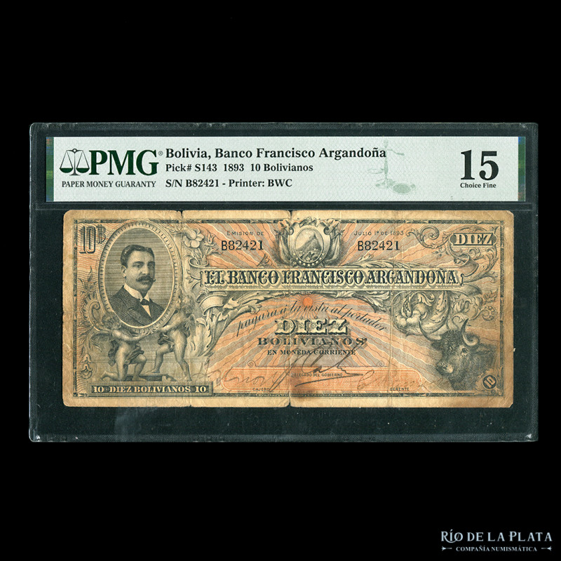 Bolivia. Banco Francisco Argandoña. 10 Bolivianos 1893. Impreso BWC. Pick S143. ...