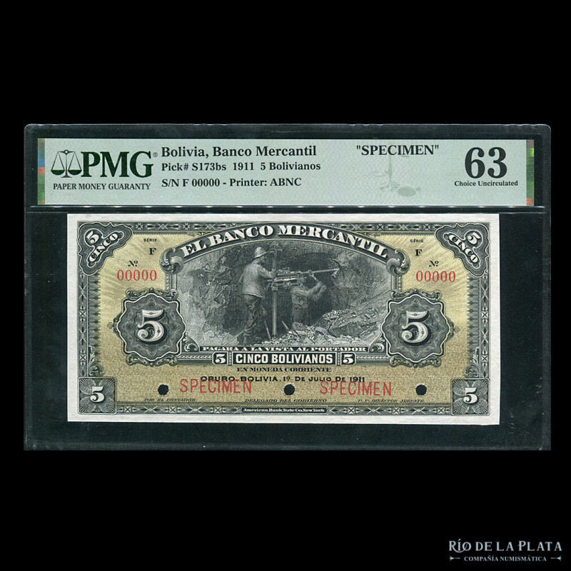 Bolivia. El Banco Mercantil. Specimen 5 Bolivianos 1911, serie F. Impreso en ABN...