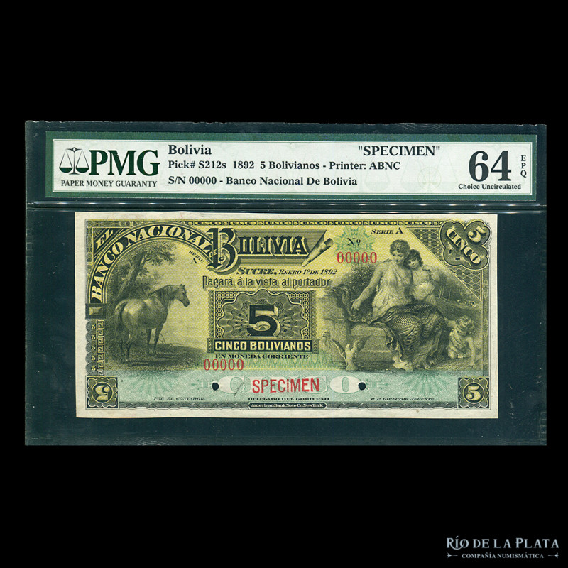 Bolivia. El Banco de la Nacion Boliviana. Specimen 5 Bolivianos 1892, serie A. I...