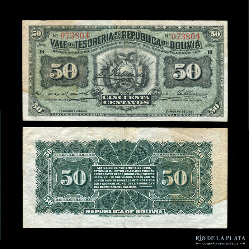 Bolivia. Vale de Tesorería. 50 Centavos 1902. Serie H. Impreso en ABNC. Pick 91a...
