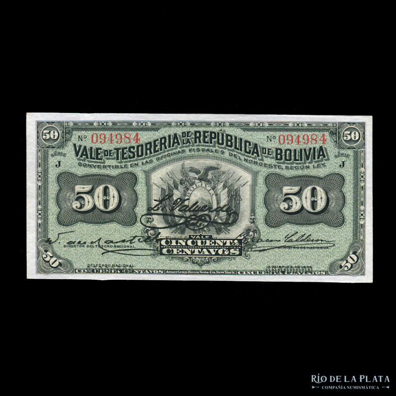 Bolivia. Vale de Tesorería. 50 Centavos 1902. Serie J. Impreso en ABNC. Pick 91a...