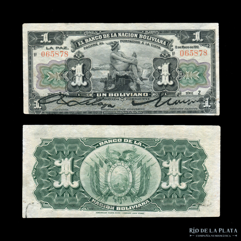 Bolivia. Banco de la Nacion. 1 Boliviano 1911. Serie Z. Impreso en ABNC. Pick 10...