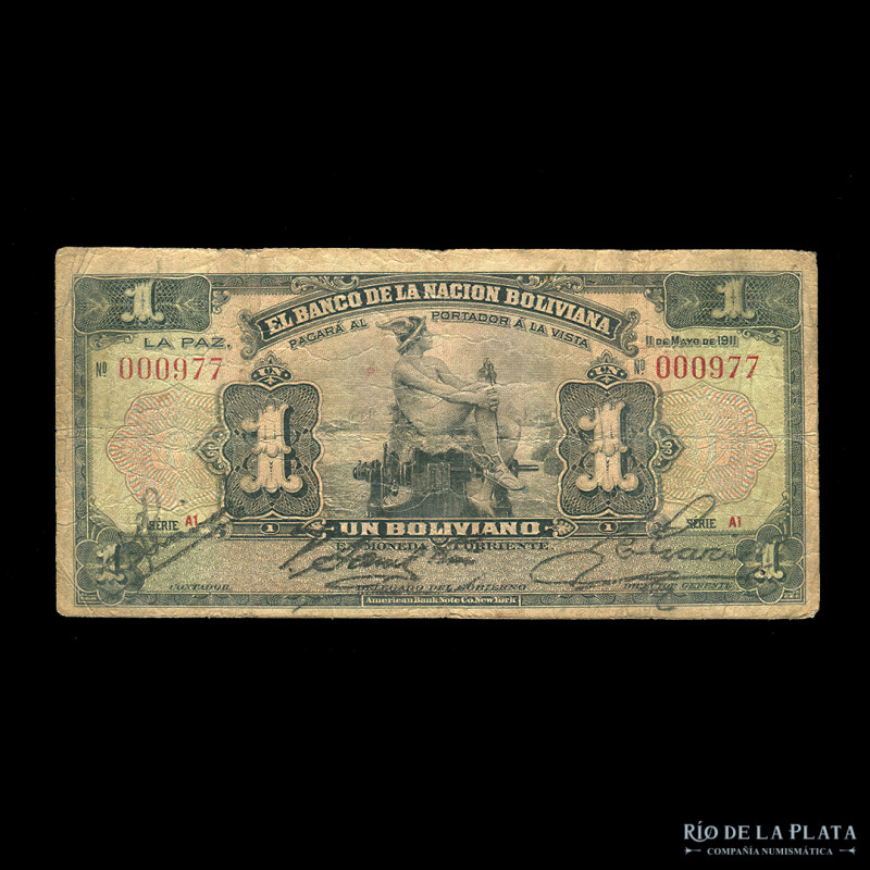 Bolivia. Banco de la Nacion. 1 Boliviano 1911. Serie A1. Número bajo. Impreso en...