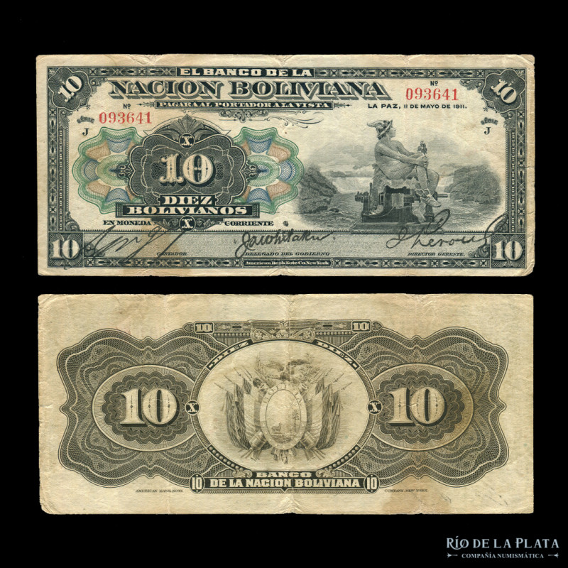 Bolivia. Banco de la Nacion. 10 Bolivianos 1911. Serie negra J. Impreso en ABNC....