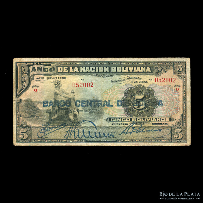 Bolivia. Banco Central. 5 Bolivianos ND1929. Serie Q, resello BANCO CENTRAL DE B...