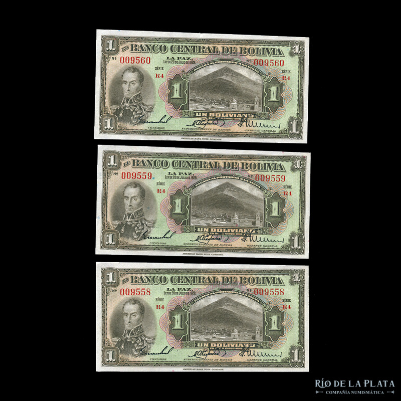 Bolivia. Banco Central. 3 x 1 Boliviano 1928 correlativos. Serie R4. Pick 118a. ...